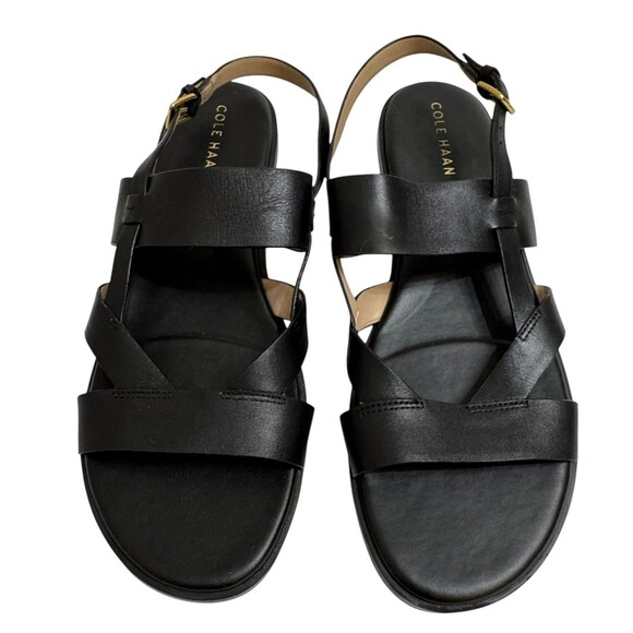 Cole Haan Fawn Sandals Womens Size 9 Black Leather Slingback Flat Strappy Shoes - Picture 2 of 6